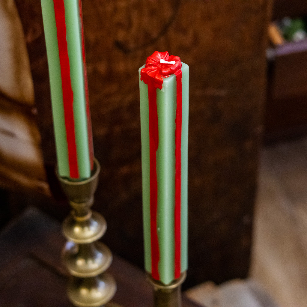 Green and Red Unscented Package Shaped Taper Candles Box of Two