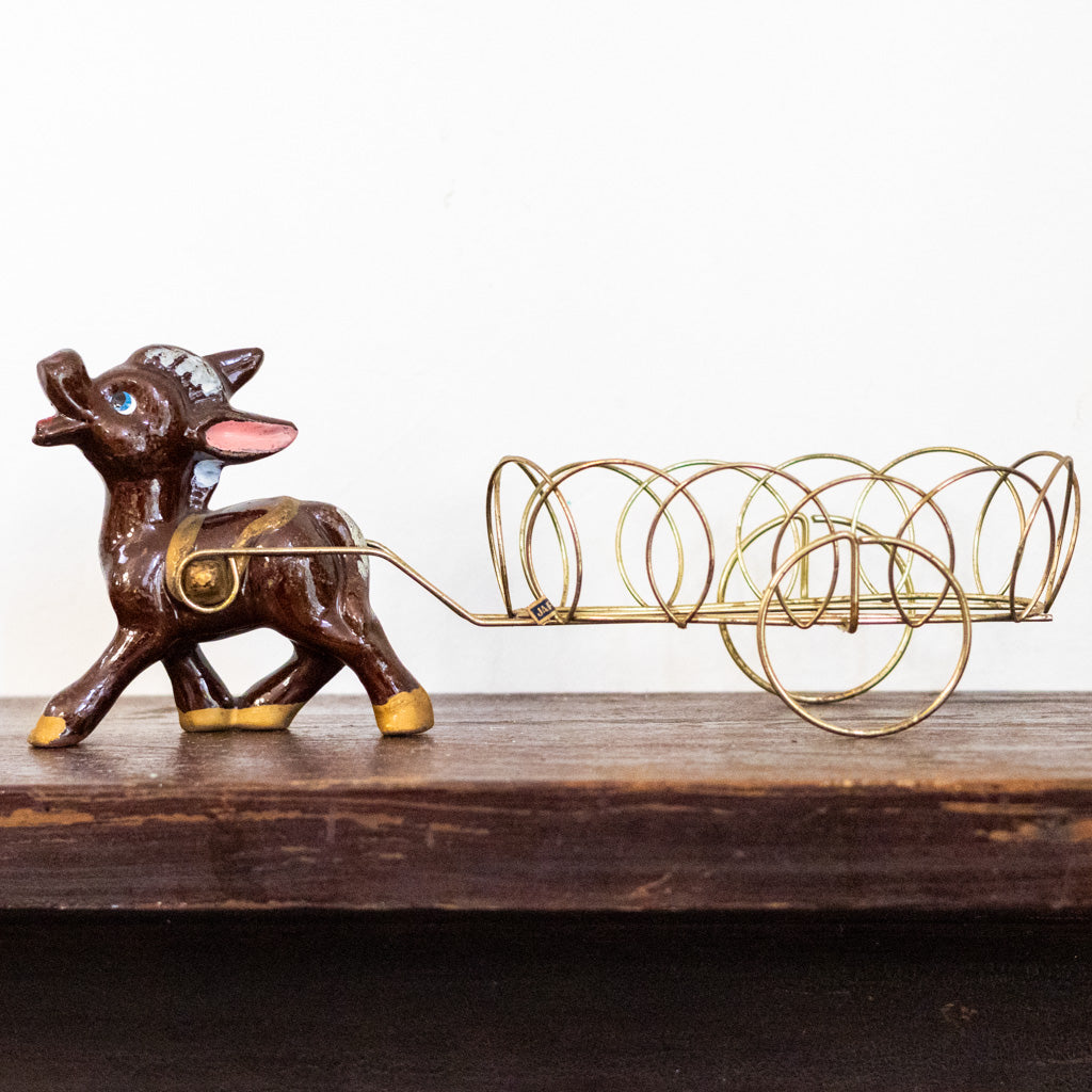 Vintage Porcelain Donkey & Wire Brass Cart