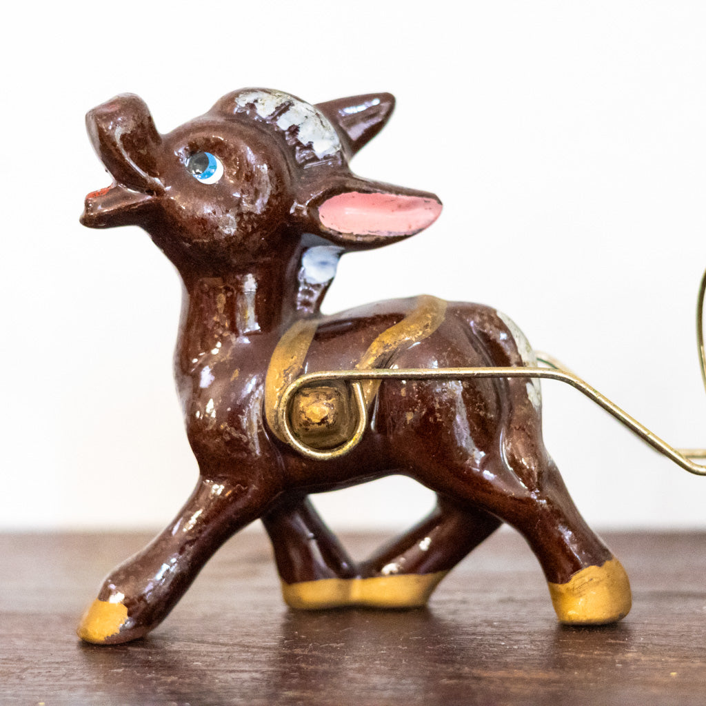 Vintage Porcelain Donkey & Wire Brass Cart