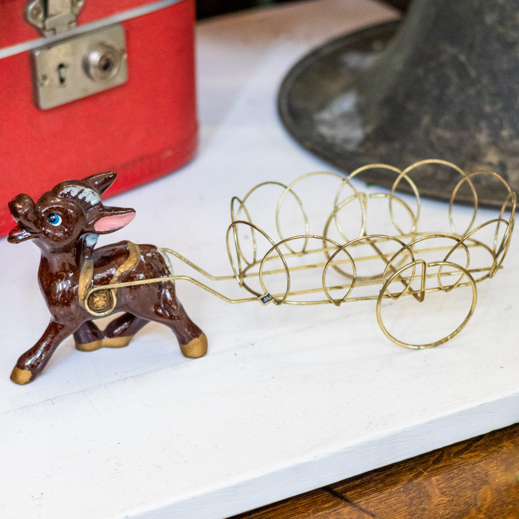 Vintage Porcelain Donkey & Wire Brass Cart