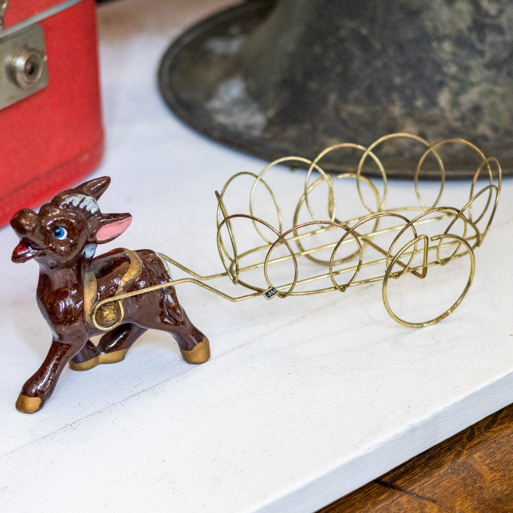 Vintage Porcelain Donkey & Wire Brass Cart