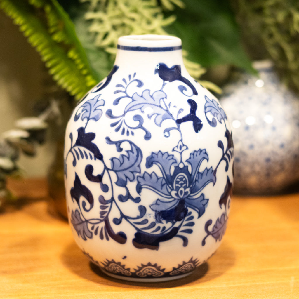 Hand-Stamped Stoneware Vase Blue and White Leaves