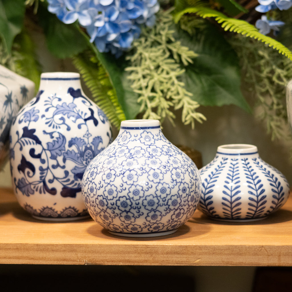 Hand-Stamped Stoneware Vase Blue and White Flowers