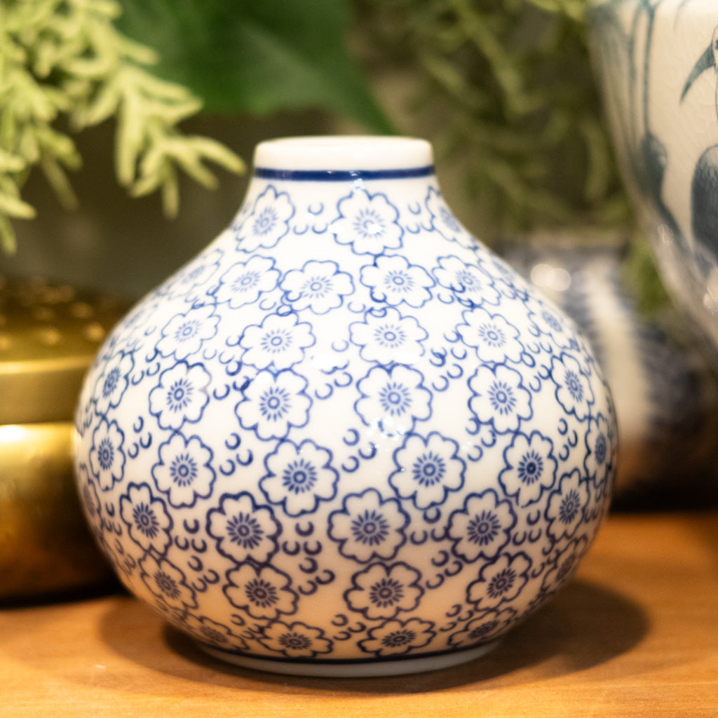 Hand-Stamped Stoneware Vase Blue and White Flowers