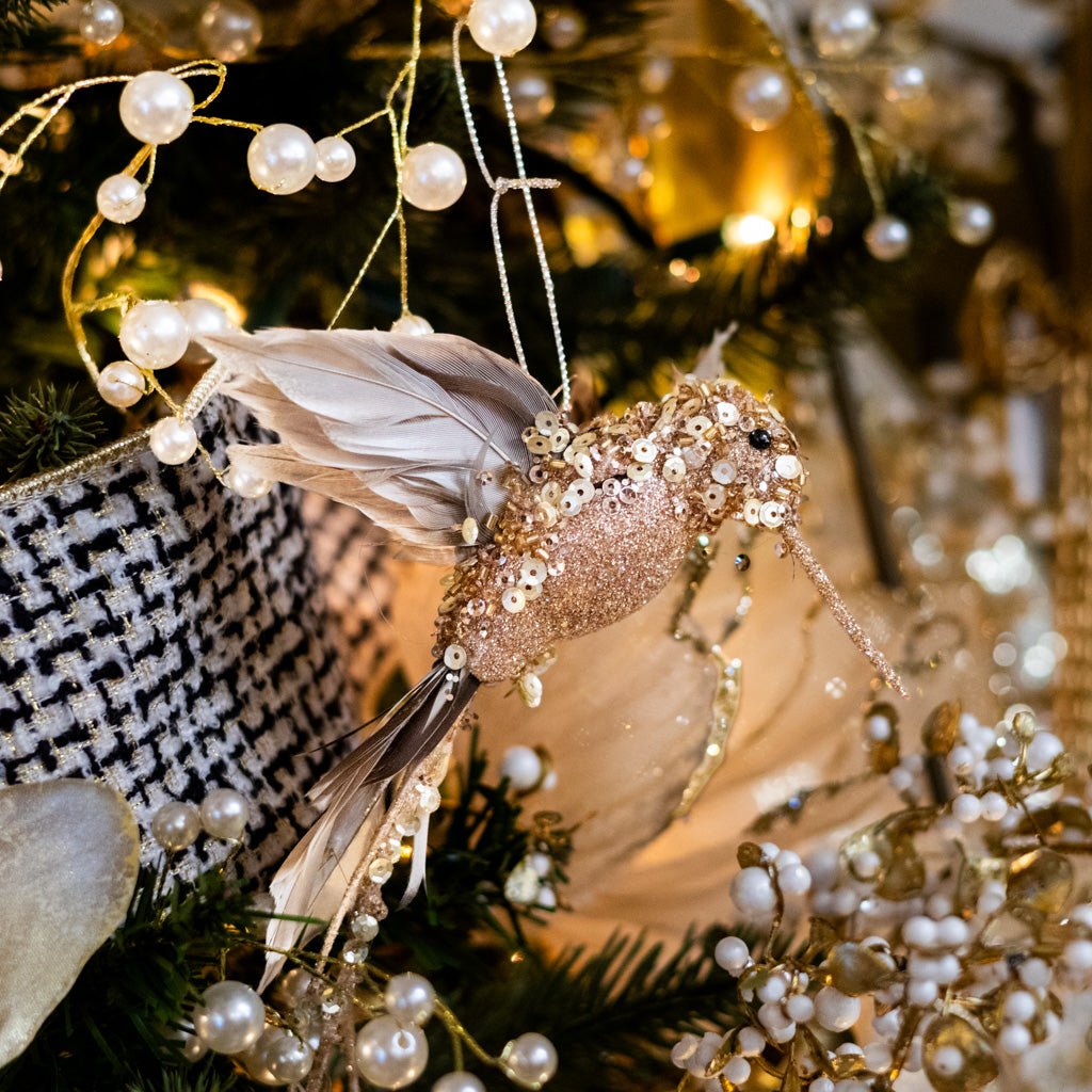 Glitter Sequin Beaded Champagne Hummingbird Ornament