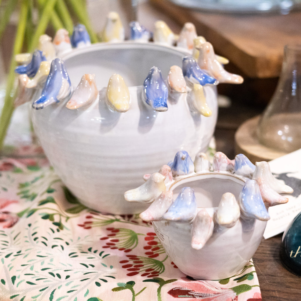 Stoneware Planter with Colorful Birds on Rim Large