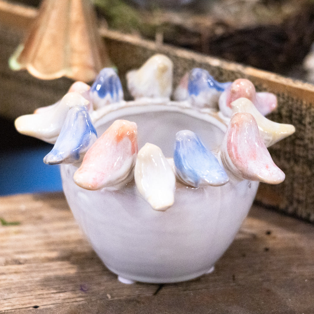 Stoneware Planter with Colorful Birds on Rim Small
