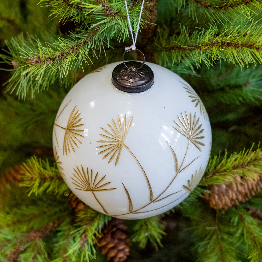 Large White and Gold Floral Etched Ornament