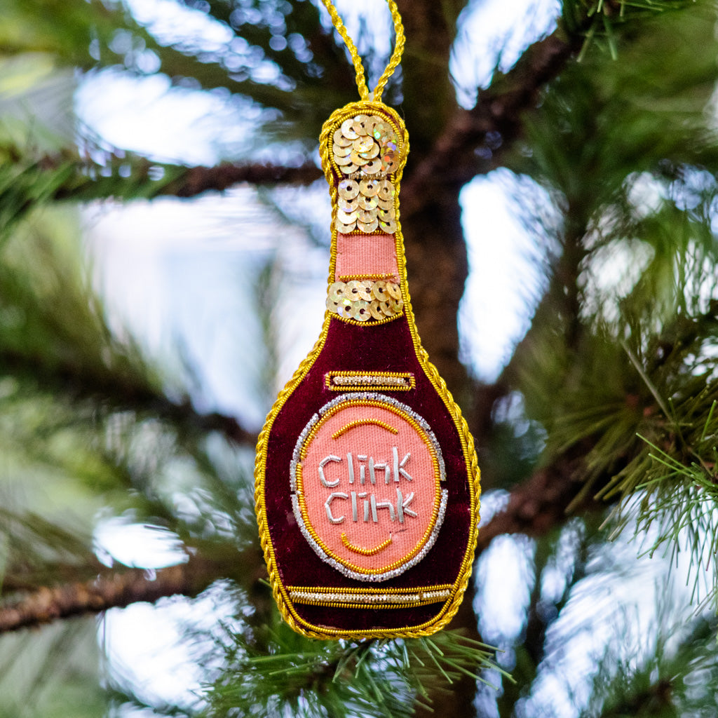 Burgundy Velvet Champagne Bottle Ornament
