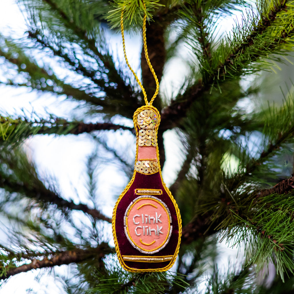 Burgundy Velvet Champagne Bottle Ornament