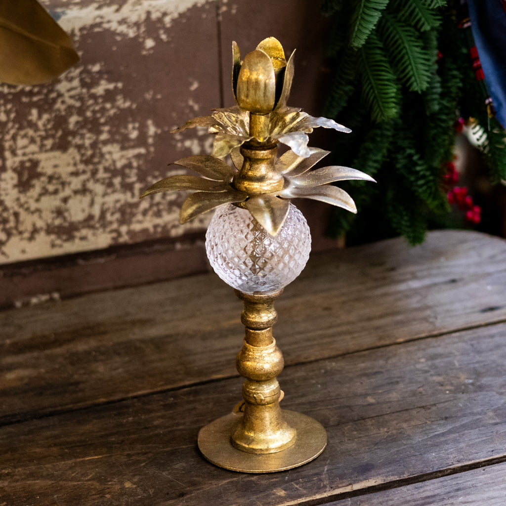 Tall Antiqued Gold Metal and Glass Candle Holder