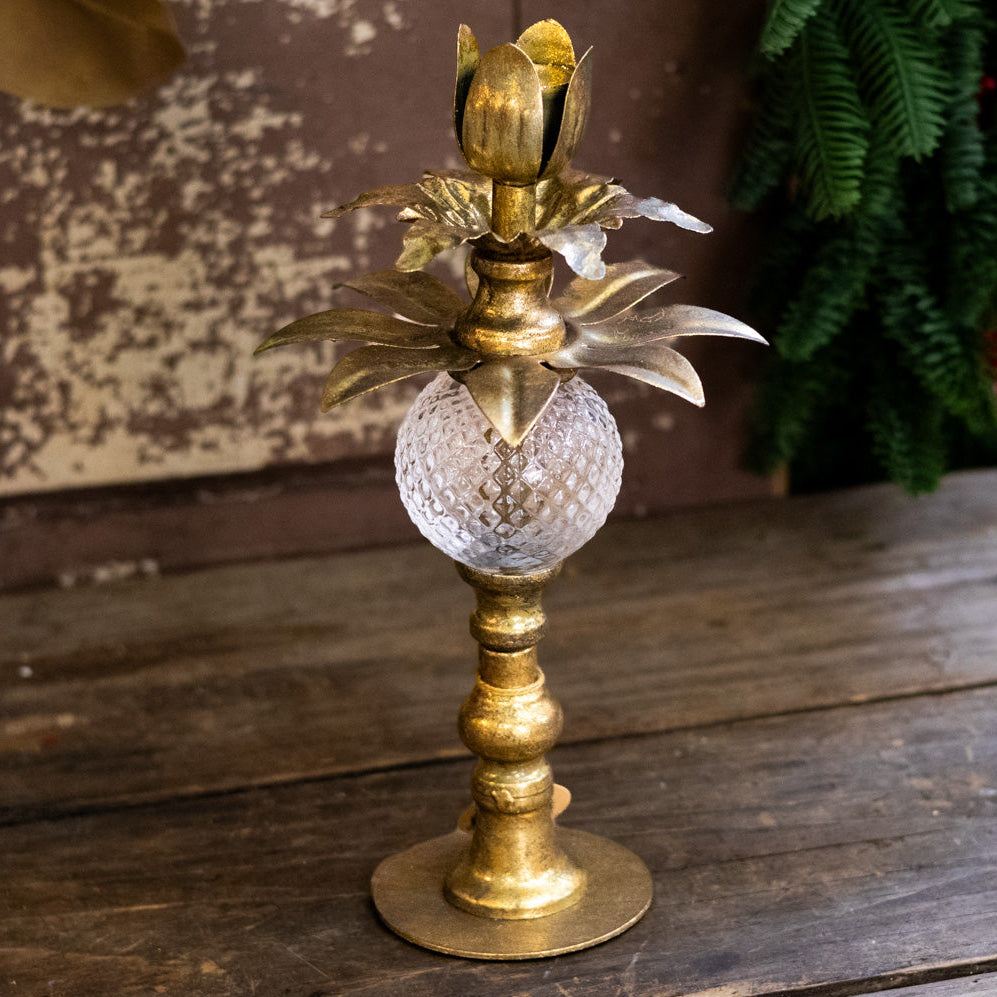 Tall Antiqued Gold Metal and Glass Candle Holder