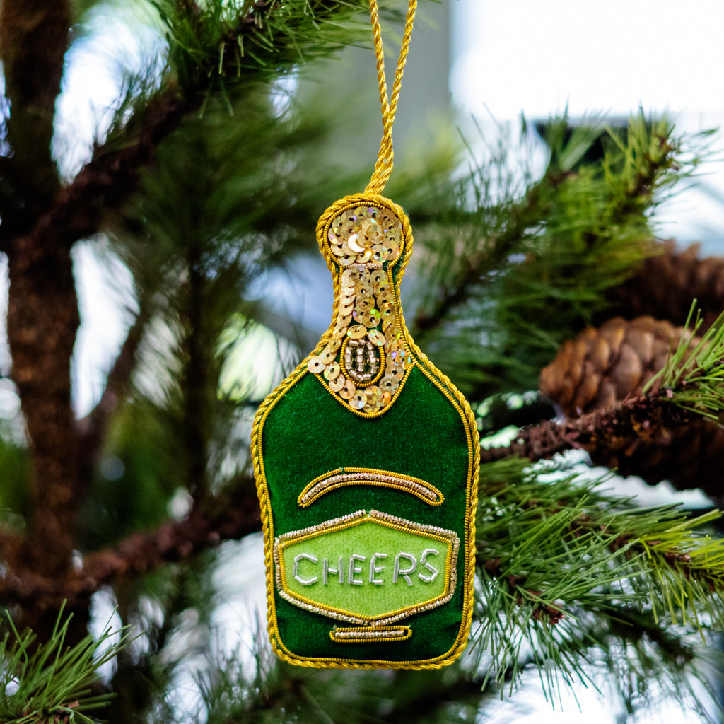 Green Velvet Champagne Bottle Ornament
