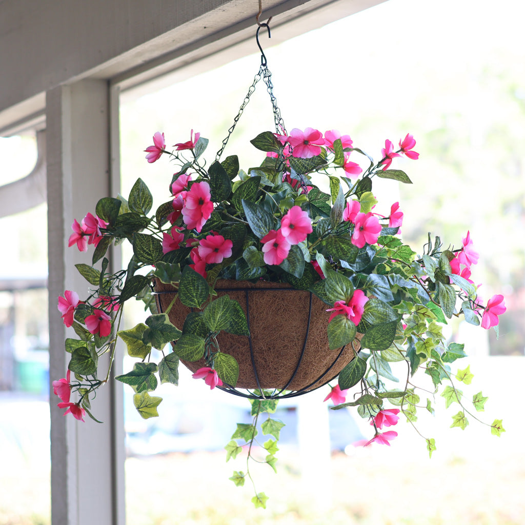 Pink Impatiens and Mixed Greens Hanging Basket