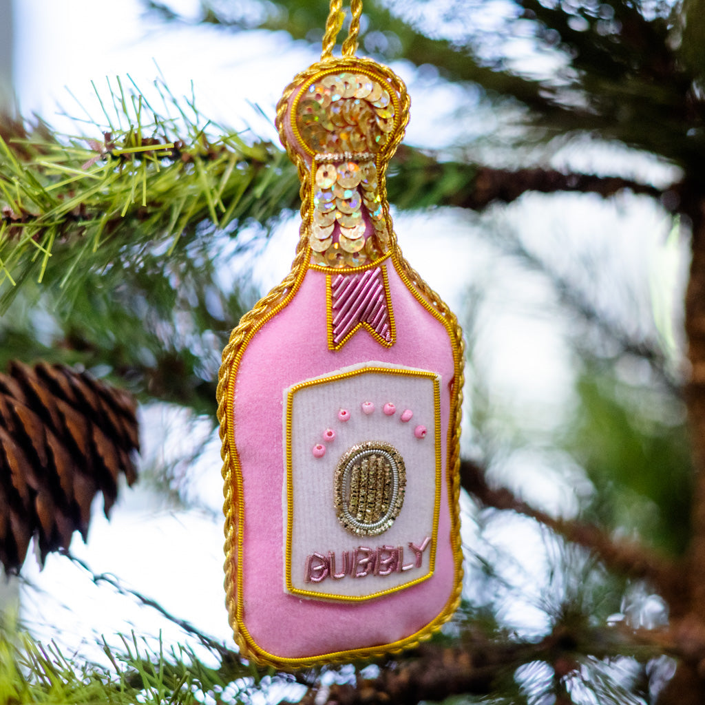 Pink Velvet Champagne Bottle Ornament