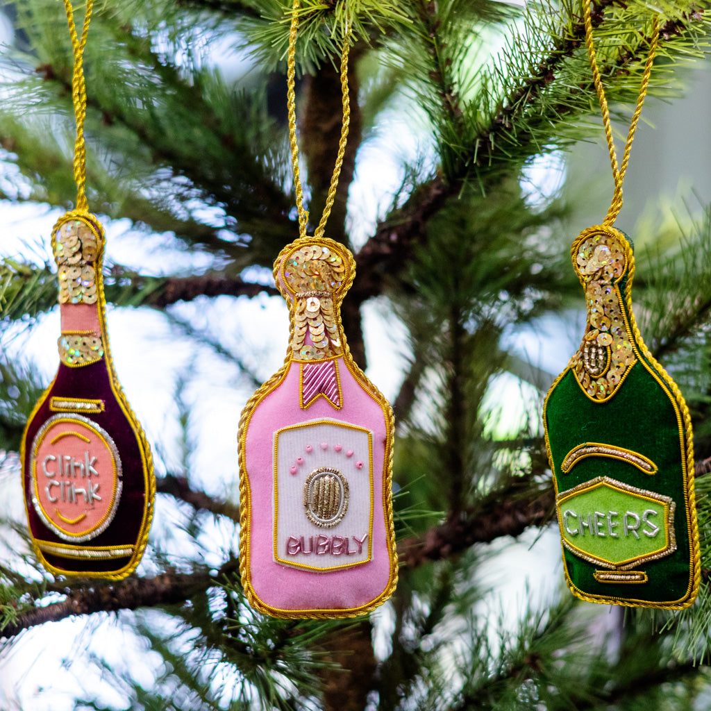 Pink Velvet Champagne Bottle Ornament