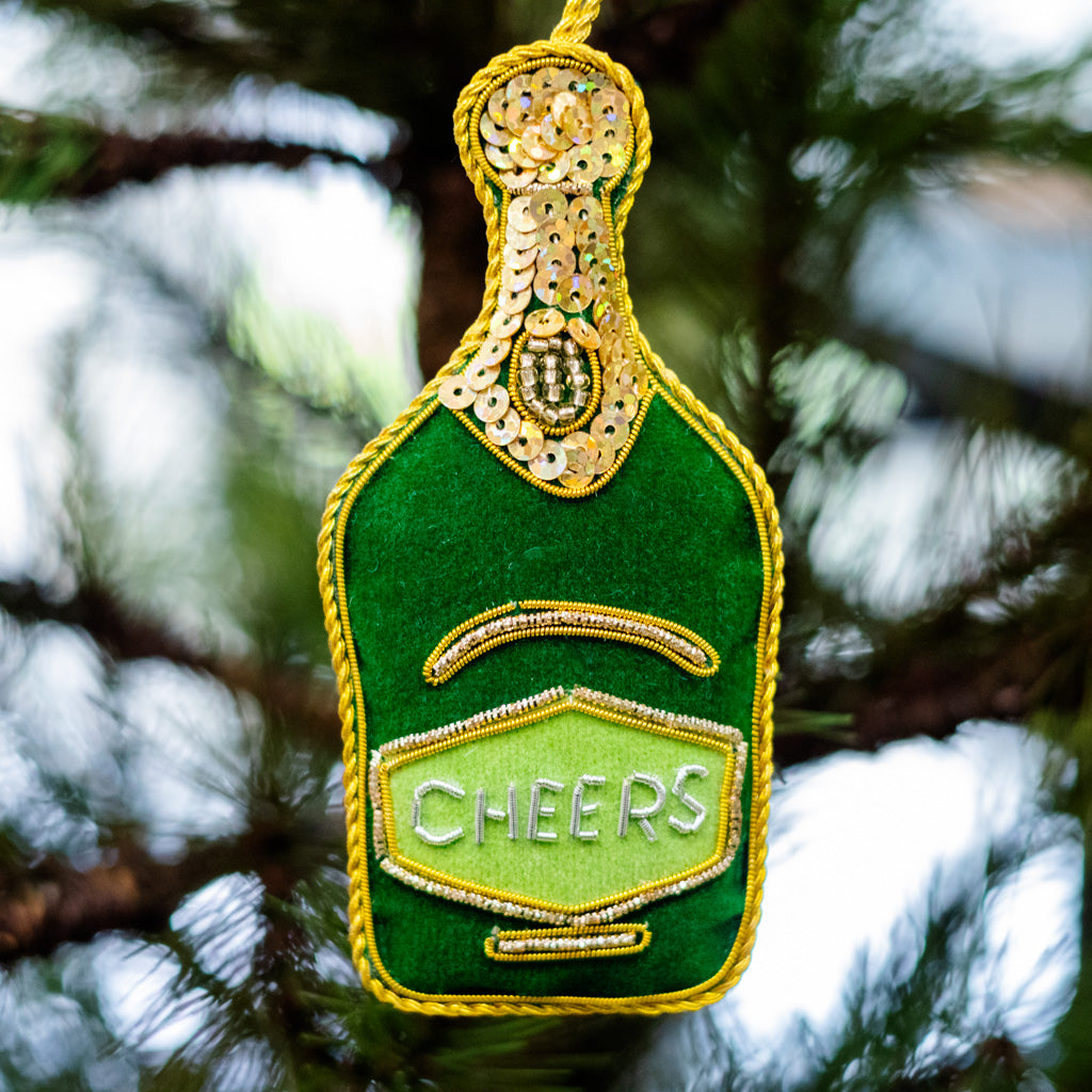Green Velvet Champagne Bottle Ornament