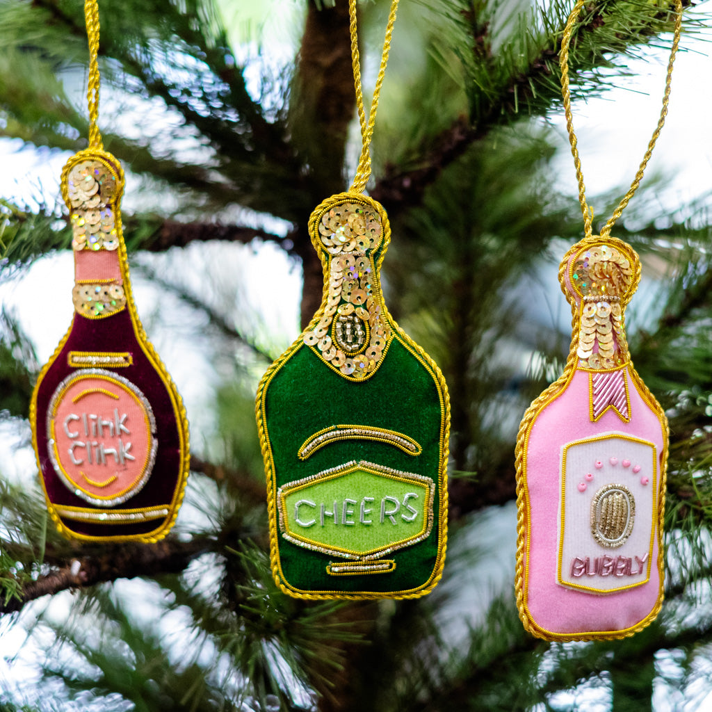 Green Velvet Champagne Bottle Ornament