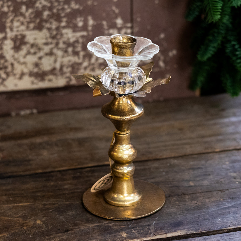 Short Antique Gold Metal & Glass Candle Holder