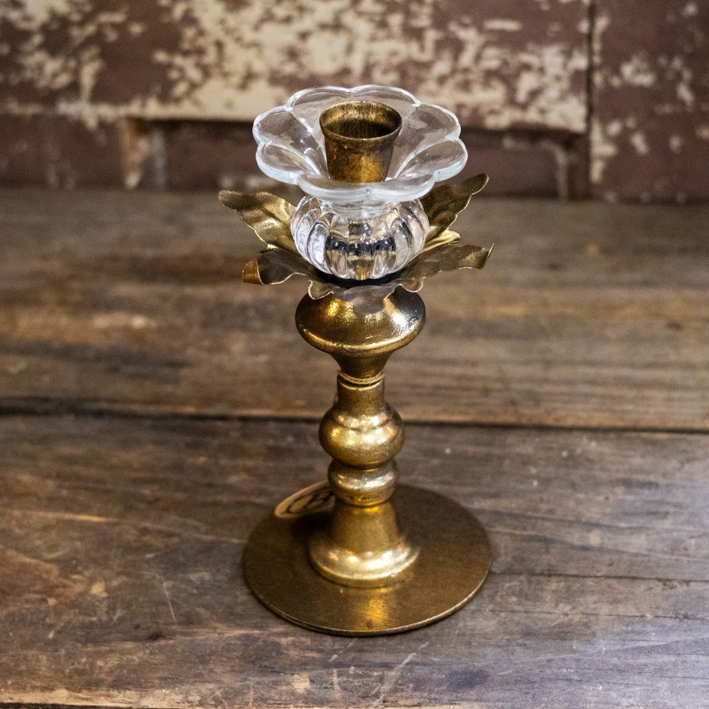 Short Antique Gold Metal & Glass Candle Holder