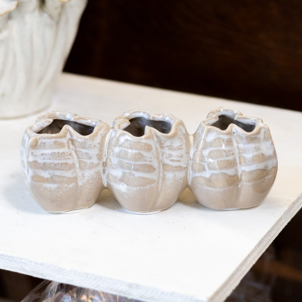 Stoneware Tan Pod Shaped Vase with Three Sections