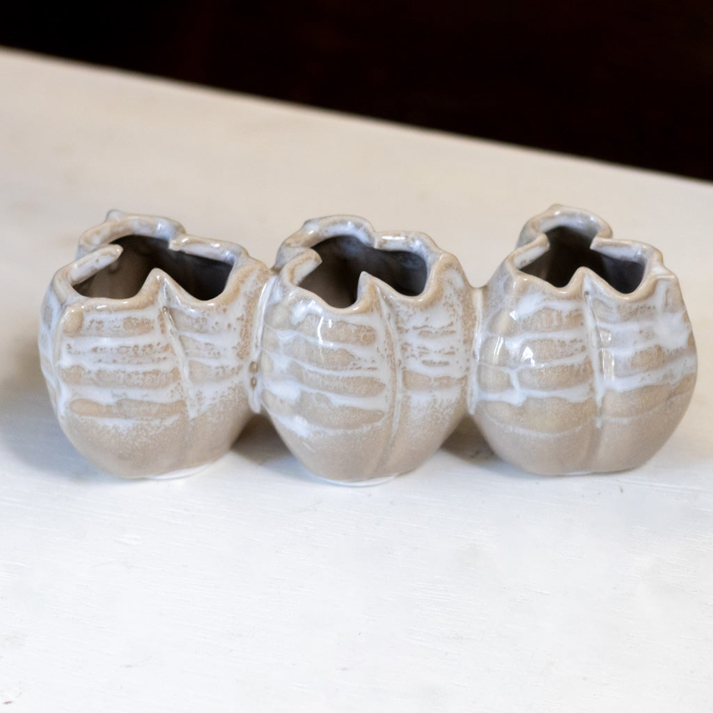 Stoneware Tan Pod Shaped Vase with Three Sections