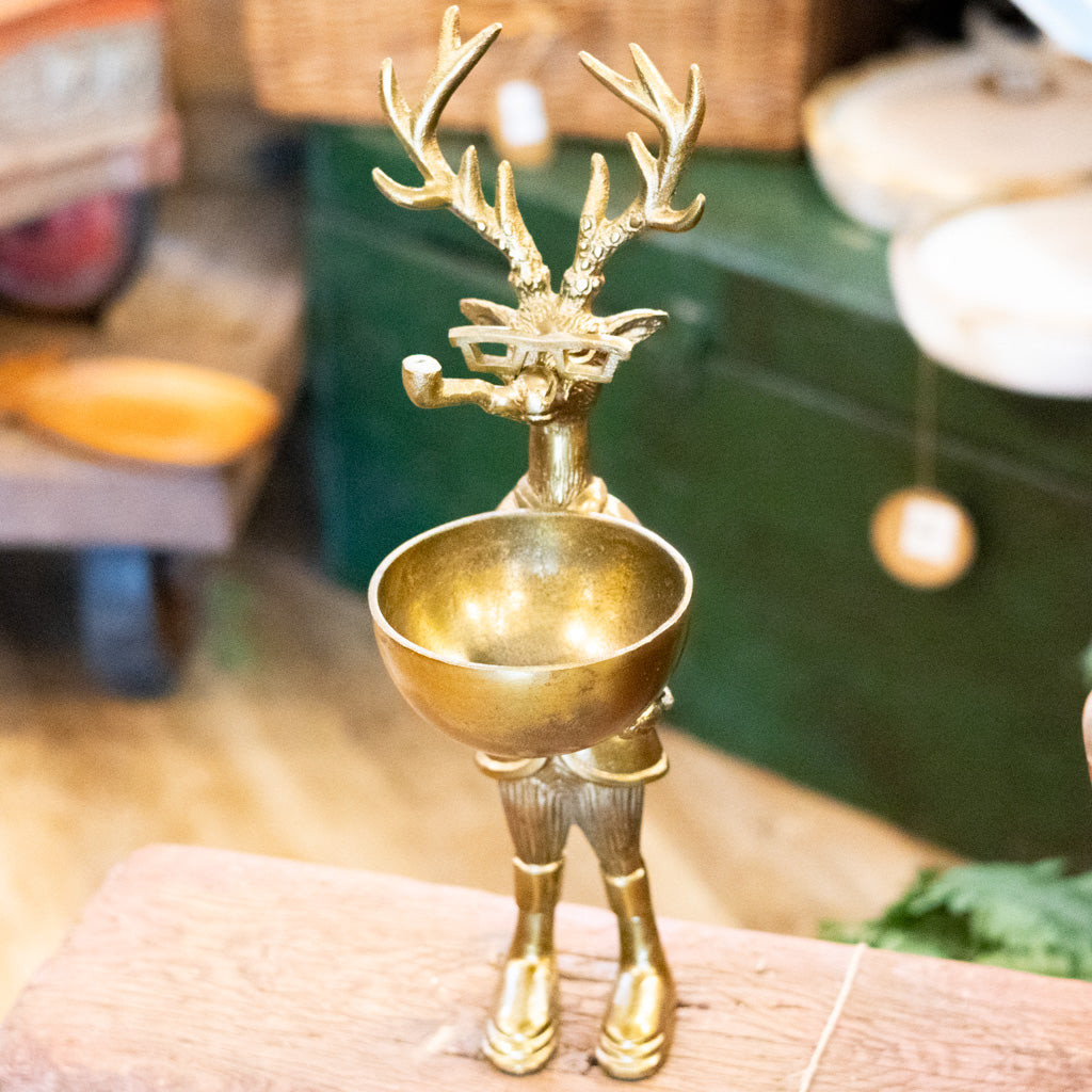 Brass Standing Deer with Bowl