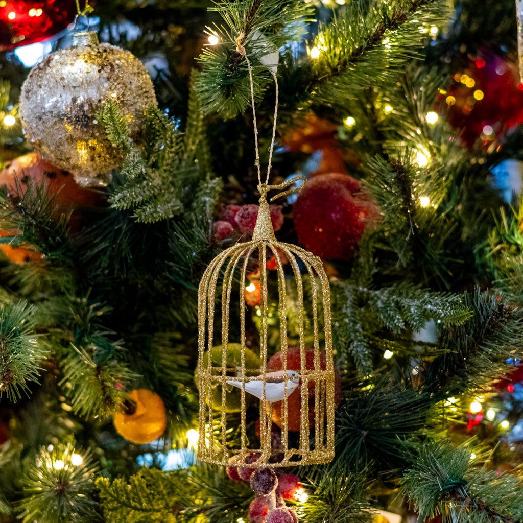 Wire Gilded Birdcage with White Bird Ornament