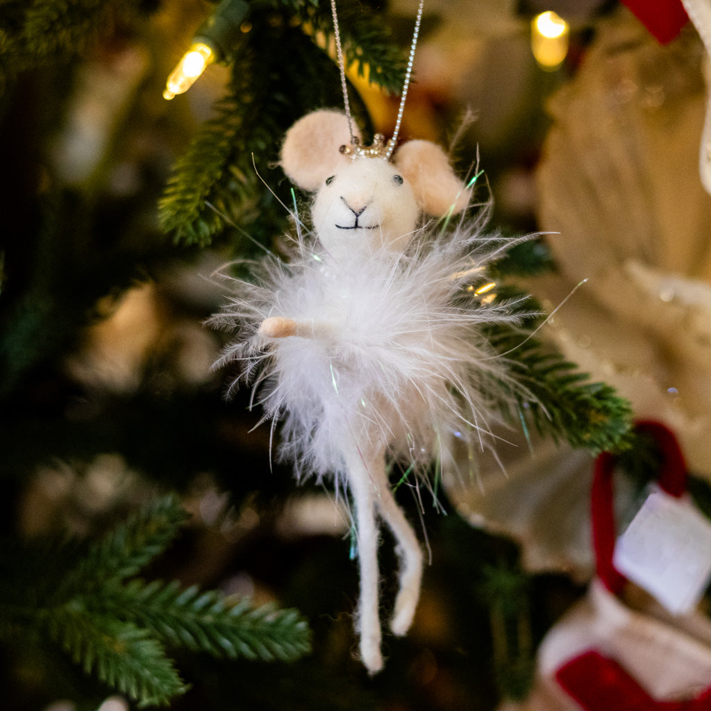 Felt Sugarplum Fairy Mouse with White Feathers, Silver Pearls and Crown Ornament
