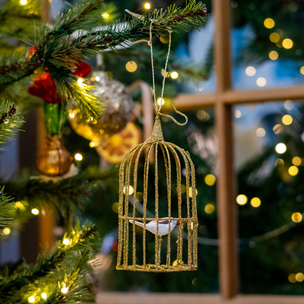 Wire Gilded Birdcage with White Bird Ornament