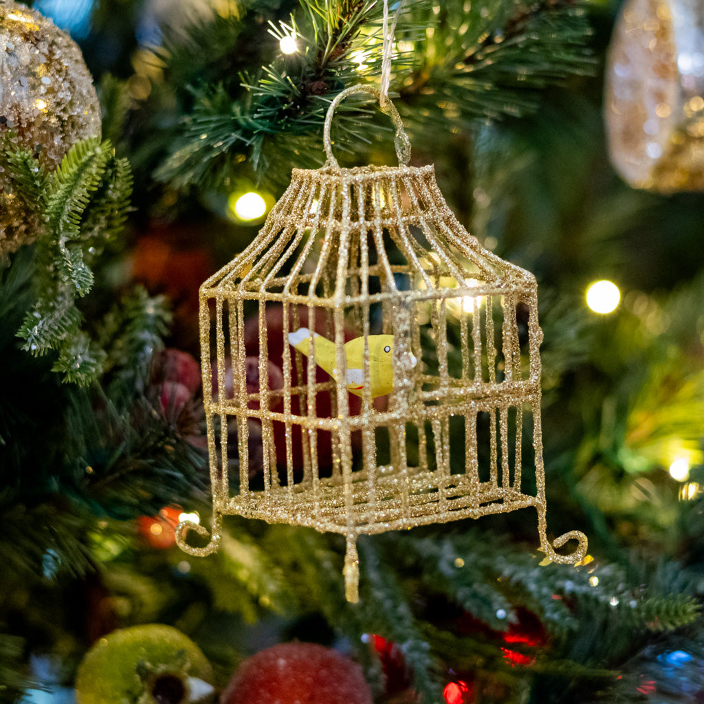 Wire Gilded Birdcage with Yellow Bird Ornament