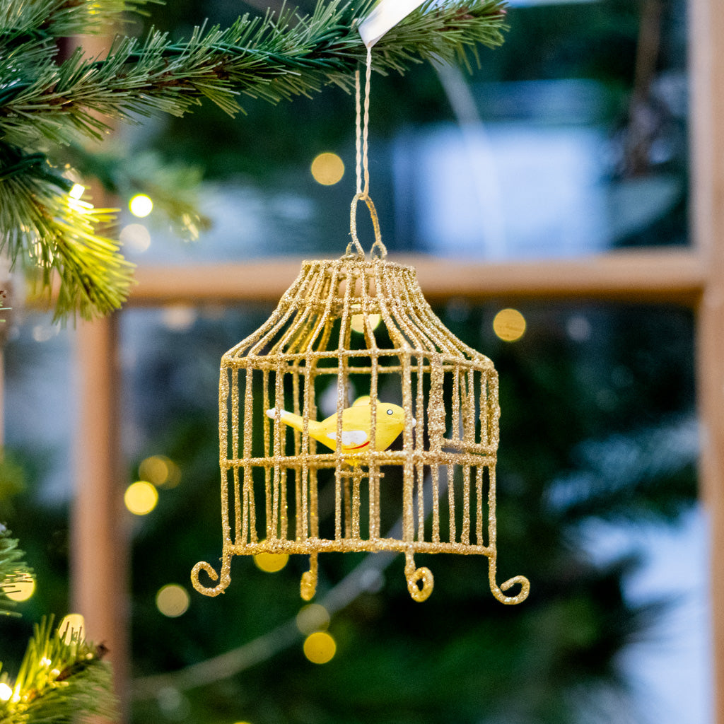 Wire Gilded Birdcage with Yellow Bird Ornament