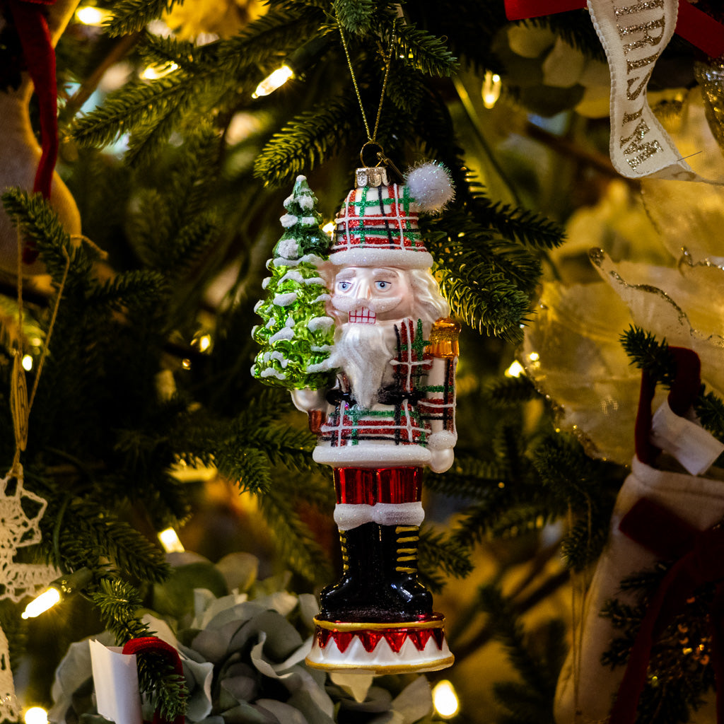 Plaid Gray Nutcracker Glass Ornament