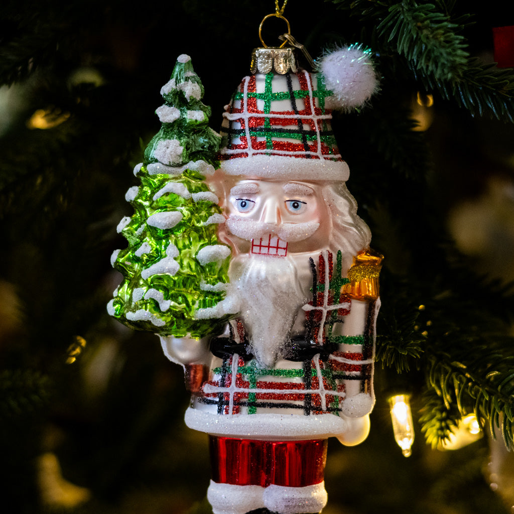 Plaid Gray Nutcracker Glass Ornament
