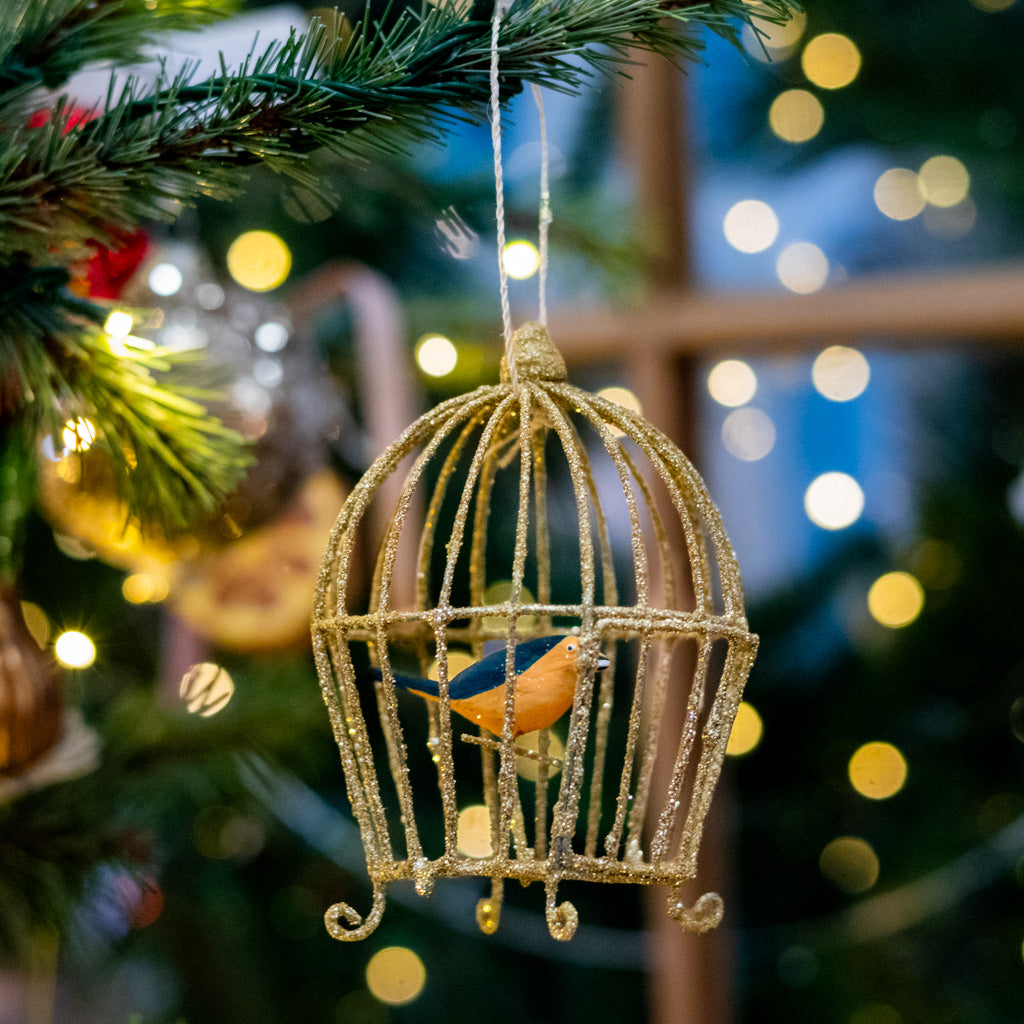 Wire Gilded Birdcage with Orange and Black Bird Ornament