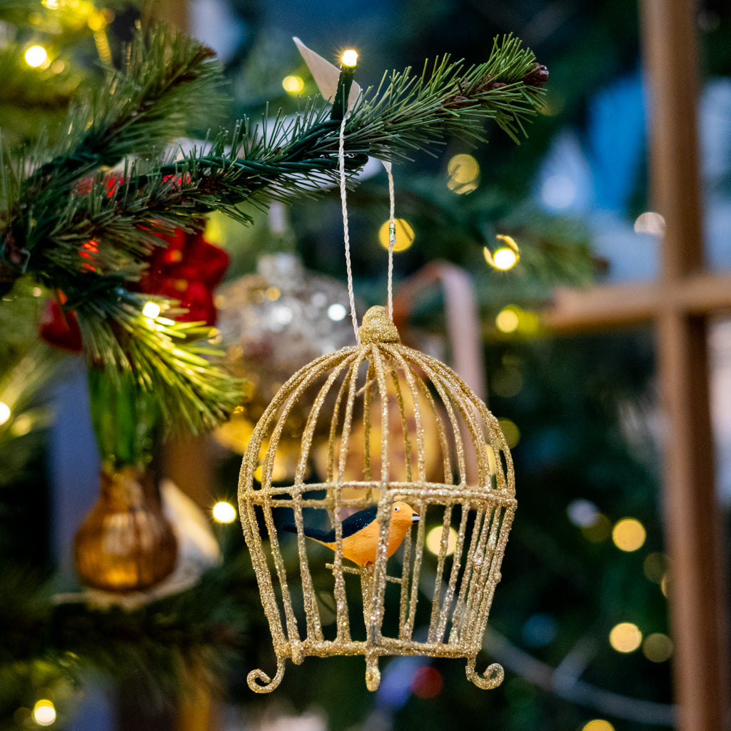 Wire Gilded Birdcage with Orange and Black Bird Ornament