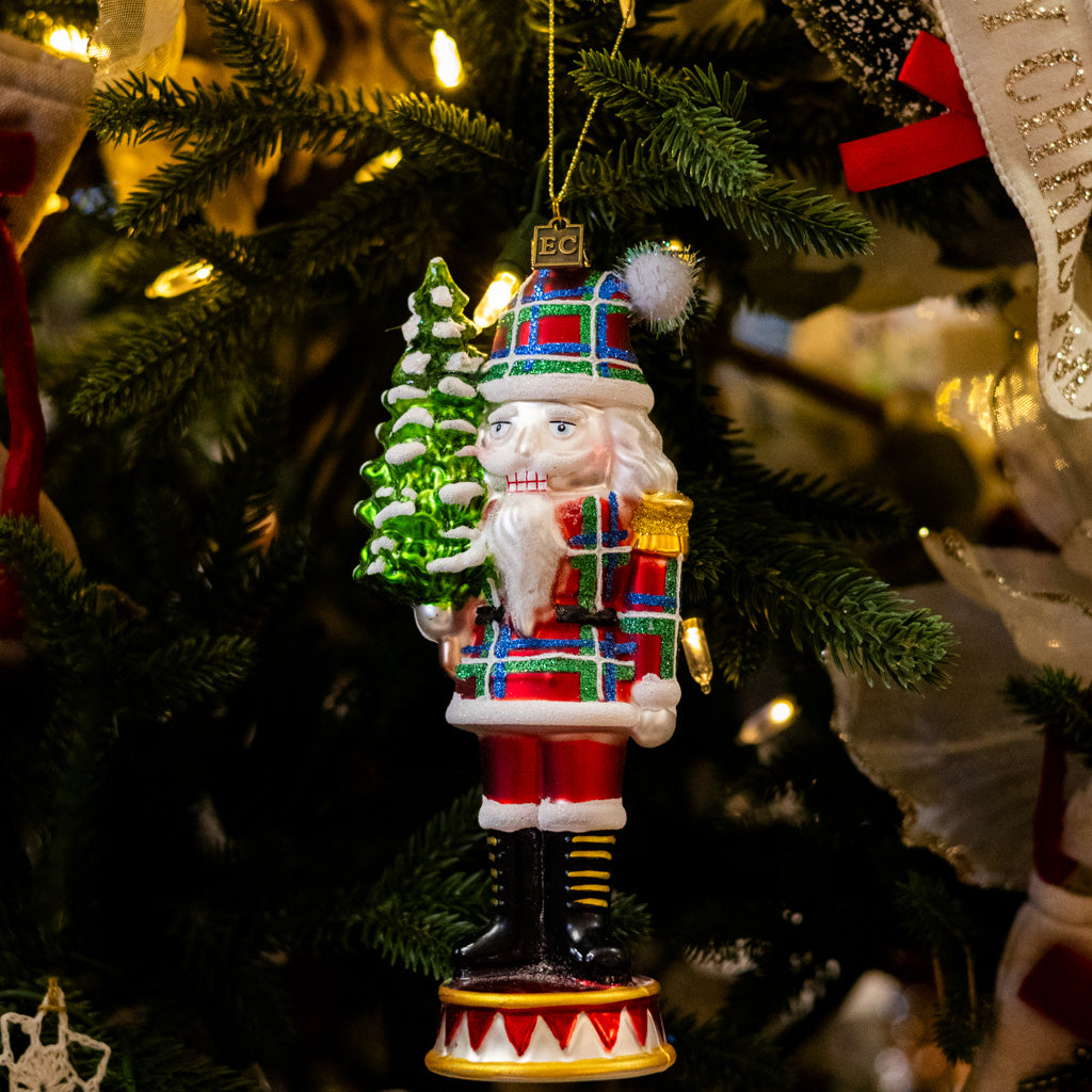 Plaid Red Nutcracker Glass Ornament