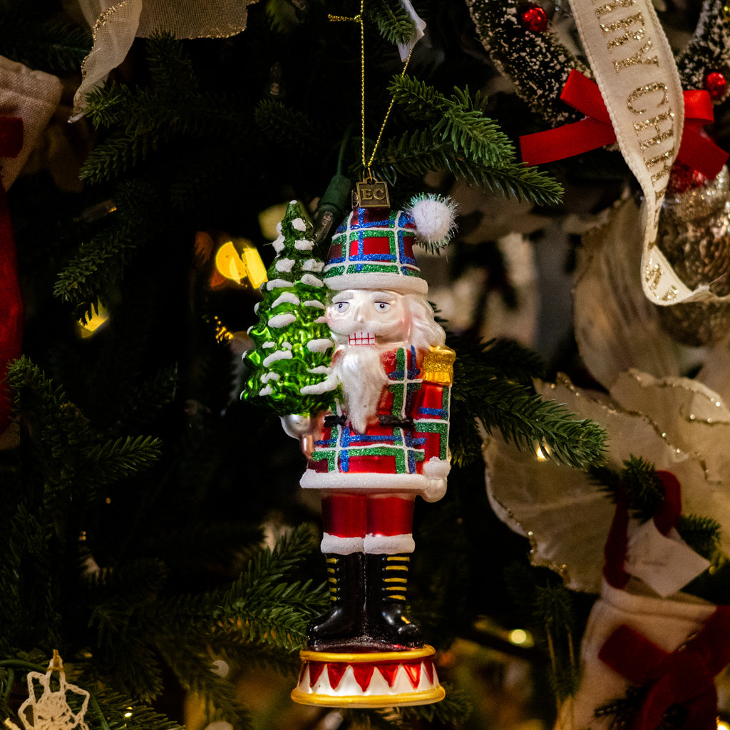 Plaid Red Nutcracker Glass Ornament