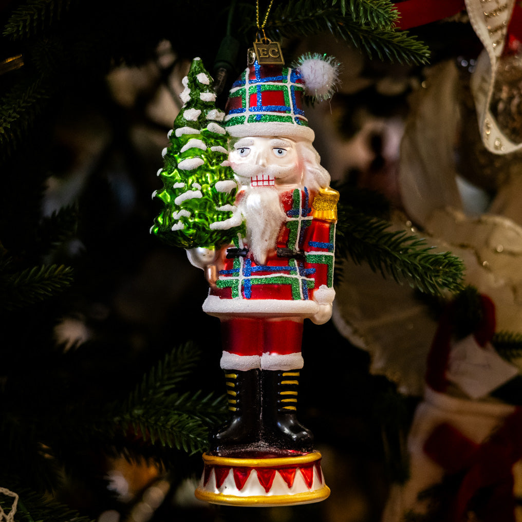 Plaid Red Nutcracker Glass Ornament