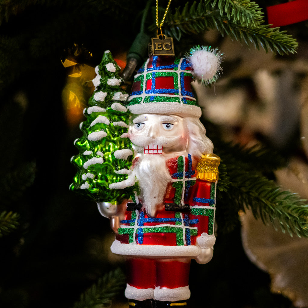 Plaid Red Nutcracker Glass Ornament
