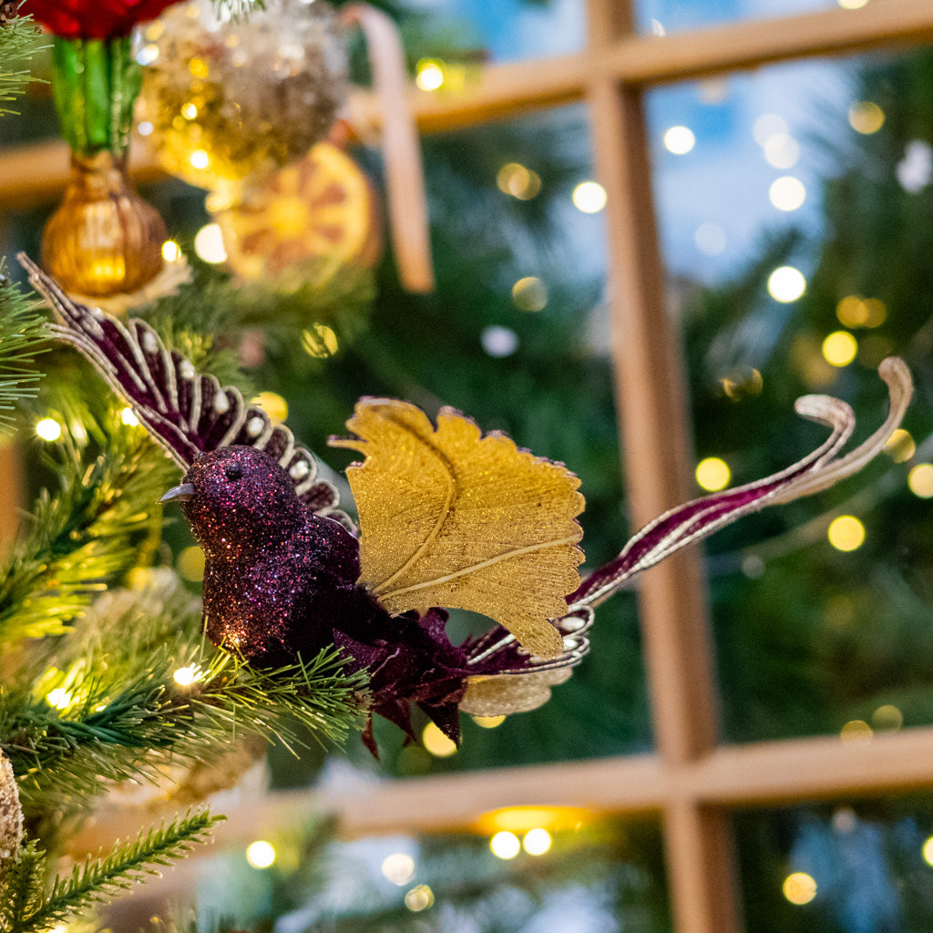 Wine Velvet with Gold Sequins Bird Clip Ornament