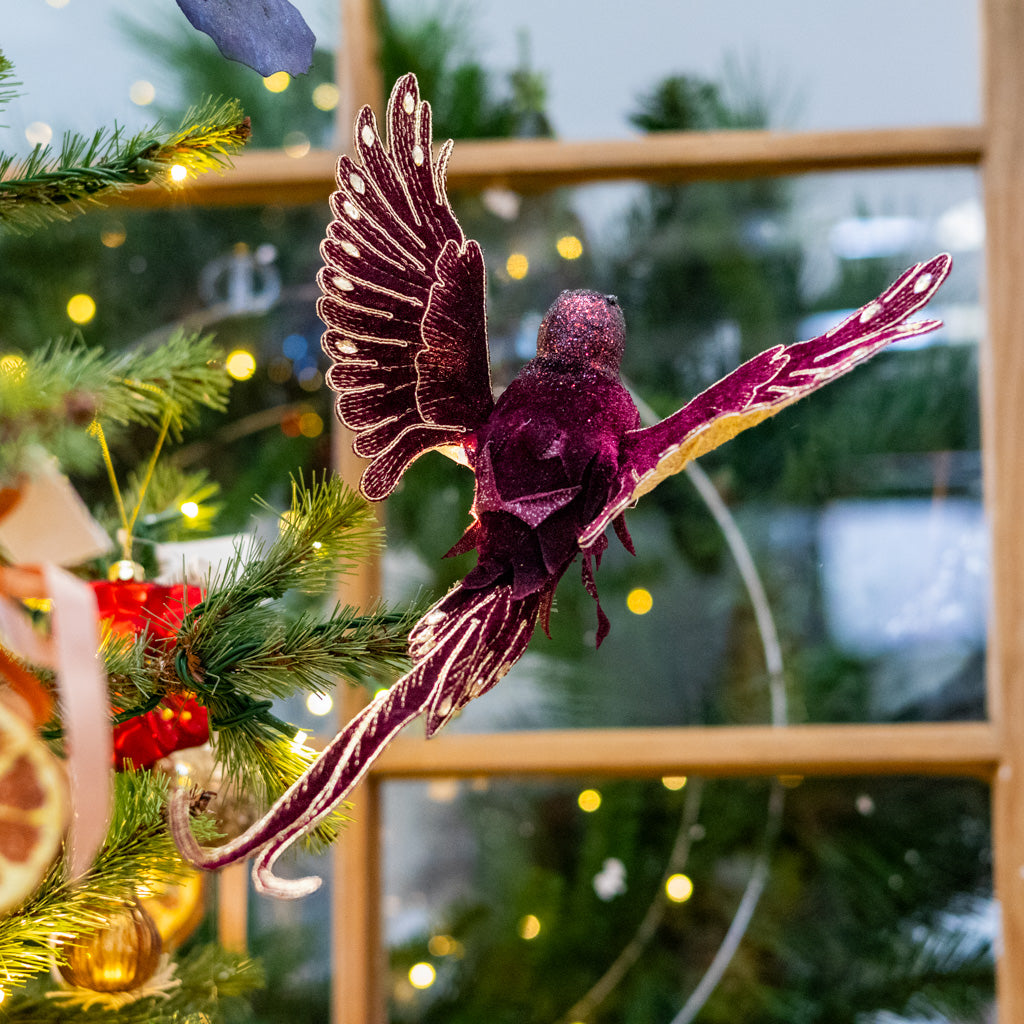 Wine Velvet with Gold Sequins Bird Clip Ornament