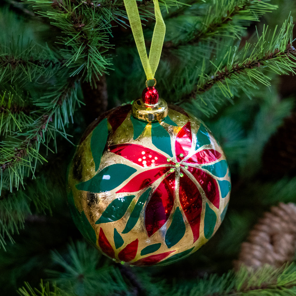 Red and Gold Poinsettia Ball Ornament