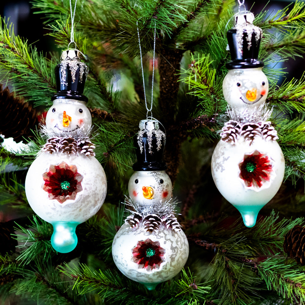 Short Mercury Glass Snowman with Top Hat Ornament