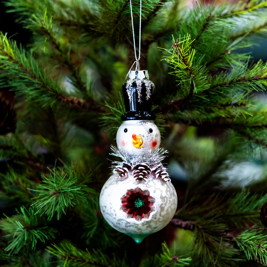 Short Mercury Glass Snowman with Top Hat Ornament