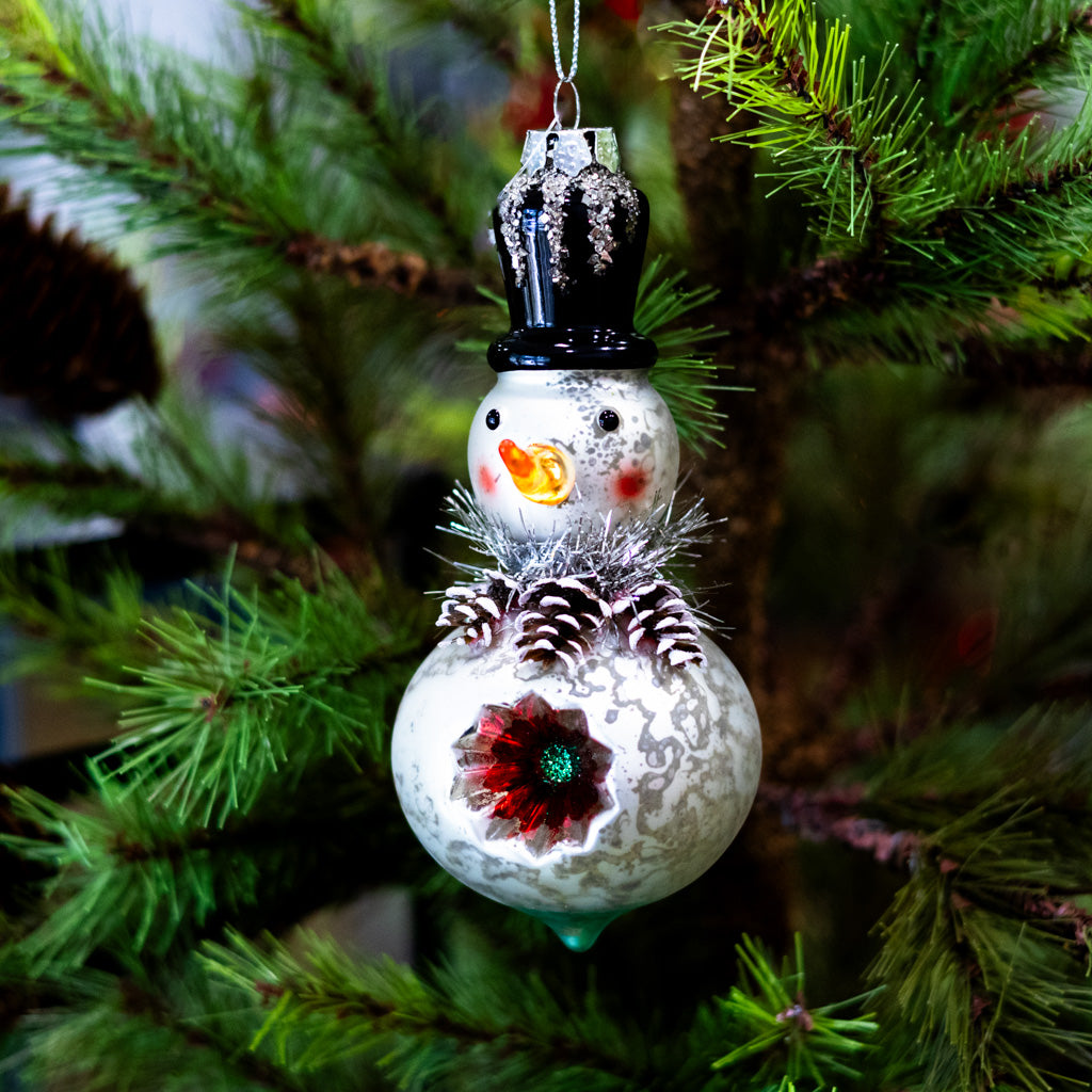 Short Mercury Glass Snowman with Top Hat Ornament