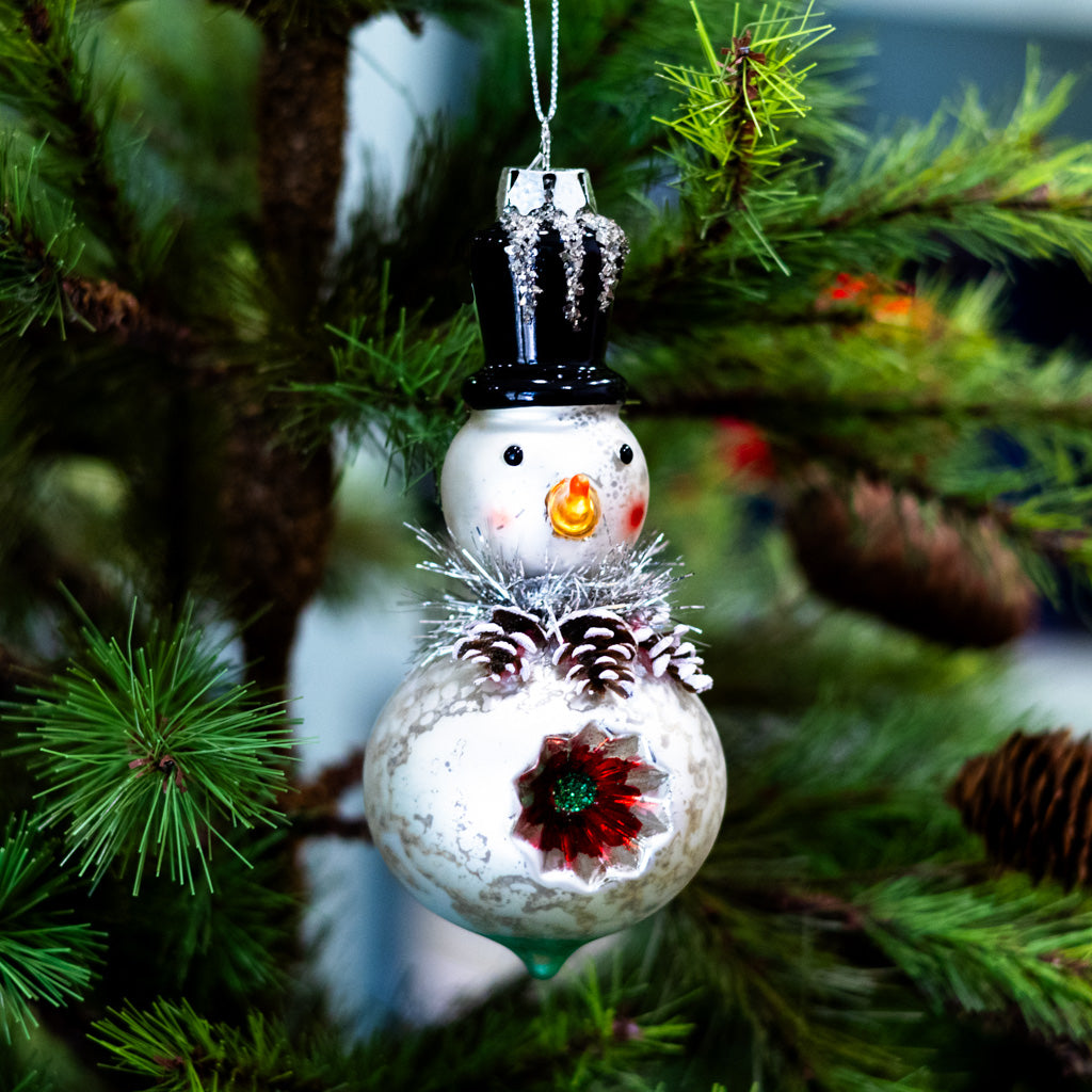 Short Mercury Glass Snowman with Top Hat Ornament