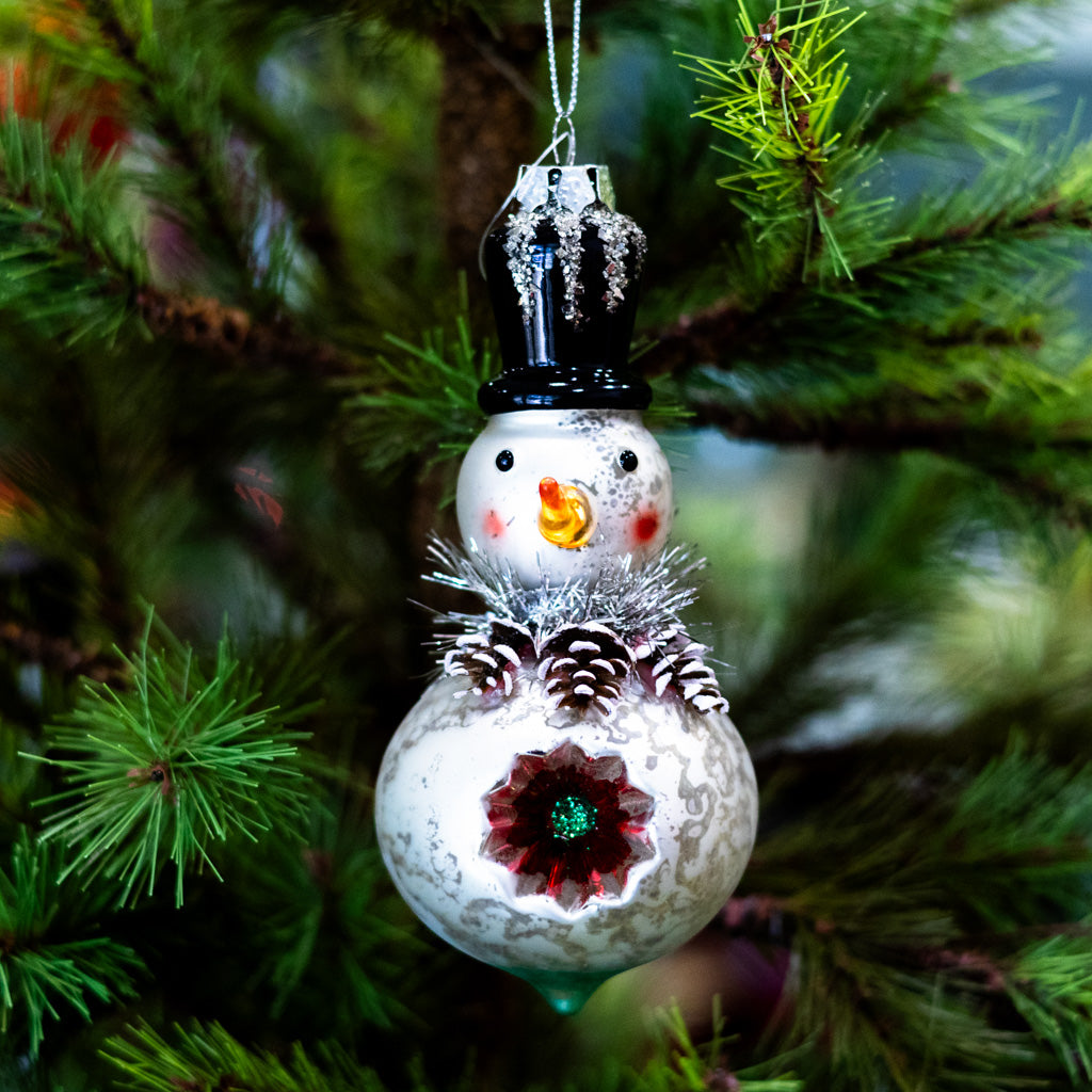 Short Mercury Glass Snowman with Top Hat Ornament