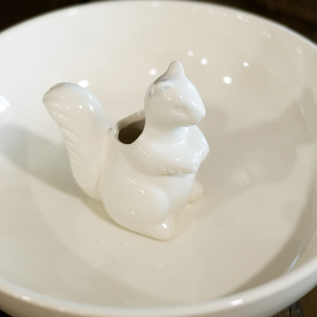 White Stoneware with Toothpick Squirrel Holder Inside