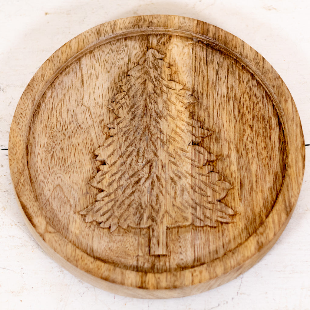 Wood Round Trivet with Tree Design